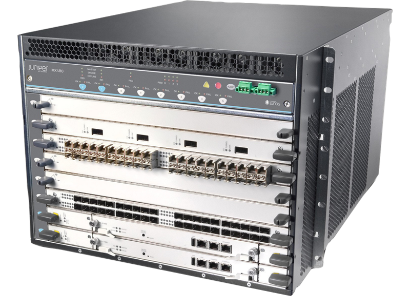 Juniper MX480 universal routing platform chassis with line cards, front angle view